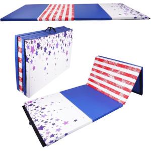 imageFolding Exercise Gymnastics Mat 4x8x2quot Gym Workout Mat with Carrying Handles HighDensity AntiTear Portable Fitness Aerobics Mats for Home Gym Yoga Pilates Tumbling MMA Core Training Multiple ColorsStarStripe