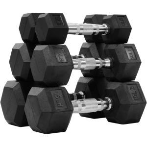 imageRubber Encased Hex Dumbbell Set Contoured Handle for Muscle Toning Strength Building ampamp Full Body Workout 60LB 100LB and 150LB Set60LB Set 51015LB Pair