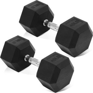 imageFitvids Rubber Encased Hex Dumbbell Hand Weights with AntiSlip Cast Iron Grip for Exercise ampamp Fitness Weights Dumbbells Set of 2 for Strength Training 550 LBS Pair45LB Pair